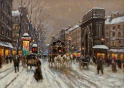Emile Boyer (1877-1948) Oil on canvas Winter evening Parisian street scene in the snow with figures,