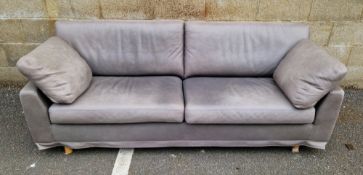 Three-seater sofa by Dux in grey, on four turned wooden feet, 78cm high x 198cm wide x 85cm deep