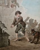Attributed to John Augustus Atkinson O.W.S. (1775-1833) Watercolour  Boy playing with a dog and cat,