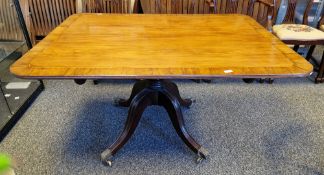 Victorian mahogany breakfast table on turned stem with four splayed supports, the rectangular top