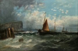 W. H. Williams (19th century) Oil on canvas 'Near Havre', coastal scene with fishing boats on choppy