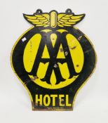 AA Hotel double sided enamel advertising hanging sign, marked ' Franco signs W.1., 64cm x 55cm