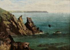 19th century English school Oil on panel Coastal view with figure sitting atop a cliff, rowing