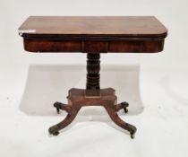 Regency mahogany fold-over tea table, the cross-banded rectangular top with rounded front corners,