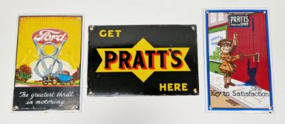 Three reproduction enamel motoring signs ' Get Pratt's here ', ' Pratt's perfection spirit, the