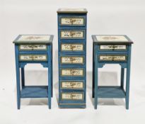 Pair of painted bedside tables with floral painted rectangular tops over two drawers with floral