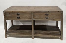 Modern distressed pine console table / side cabinet by Libra, the rectangular top over a bank of