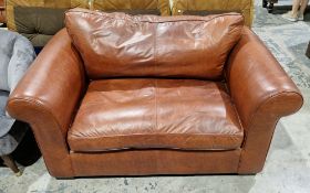 Laura Ashley ' Burgess ' small brown leather two-seater sofa, with curved arms, on square block