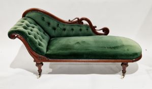 Victorian mahogany chaise longue, the back with scroll decoration and with green velvet