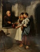 C. Hibbert/Hibherl? after E Lutin Oil on canvas Copy of 'Monk and Serving Girls' by E. Lutin, signed