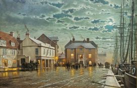 Rodney Charman (b.1944) Oil on canvas 'The Customs House', large scale evening dockside scene at