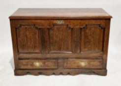 18th century oak mule chest, the rectangular two plank hinged lid with thumb moulded edge, over a