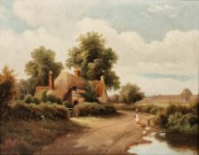 Robert Robin Fenson (act.1880-1920) Oil on canvas Rural scene with girl in country lane and