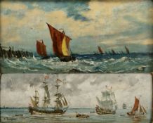 A Bagon  Oil on panel  Seascape with triple-masted sailing vessels and others, signed lower left,