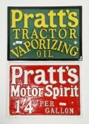 Two Pratts aluminium rectangular advertising signs, one ' Pratt's motor spirit 1'4d per gallon ' and