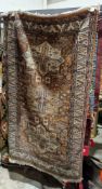 Orange ground rug with three irregular hexadecagon medallions on geometric field, multiple foliate