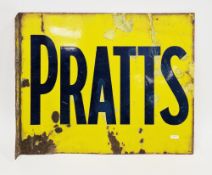 Pratts enamel double sided yellow advertising sign ' Pratts ', with hanging flange ', 45.5xm x 56cm