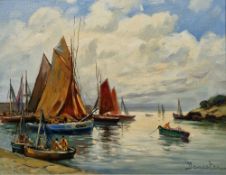 Eugene Demester (1914-1984) Oil on canvas Harbour scene in early evening light with figures and