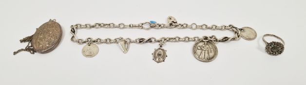 Silver curb link watch chain hung with assorted charms, a locket and a dress ring (3)