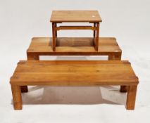 Hand-built set of three similar wooden coffee tables, all of rectangular form on rectangular legs,