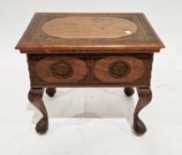 Early to mid-20th century Anglo-Indian hardwood sewing table with foliate scroll carving, the hinged
