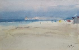 Javier Sagarzazu (Spanish, b.1946) Watercolour Coastal scene with figures on a beach, signed and