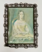 Portrait miniature on ivory, circa 1900, portrait of a lady seated in 17th century dress,