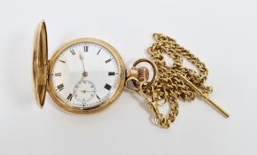 Gold plated full hunter pocket watch, the full enamel dial with roman numerals and subsidiary