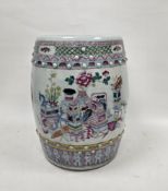 Chinese porcelain famille rose barrel-shaped garden seat, Qing Dynasty, the top pierced and