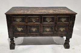 17th century style oak low chest, the rectangular two plank top with thumb moulded edge, over two