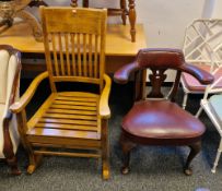 20th century captains chair with elm seat and turned supports, a mahogany elbow chair with vase-