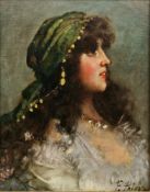F. Polusa?  Oil on canvas Head and shoulder portrait of a young Romany gypsy woman wearing green