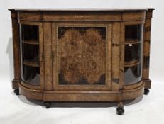 Victorian burr walnut and satinwood inlaid credenza, the shaped top with thumb moulded edge over a