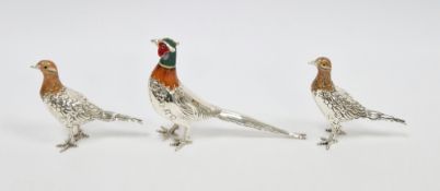 Group of three silver and enamel pheasant models by JAH, London 2006, including a cock pheasant, 8.