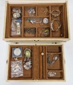 Jewellery box and contents including a wirework cross pendant, a Victorian locket, a poppy brooch,