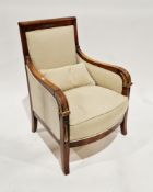 Walnut armchair with reeded arms and gilt highlights