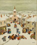 Jean Axatard (French, b.1931) Oil on canvas Snowy village scene with numerous figures, signed