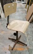 Mid-century machinist's industrial adjustable swivel chair, plywood back and seat, on four star