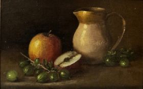 Joyce Seddon (British, 20th Century) Oil on board Still life of jug, apple and gooseberries,
