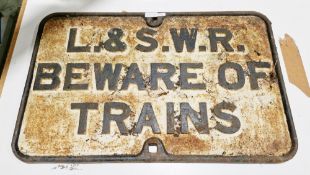 London & South West Railway's cast iron sign ' L & S.W.R. Beware of the Trains ', 42cm x 66cm (