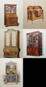 Set of five early 20th century watercolour studies of furniture, framed and glazed, largest image