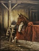 Mick Cawston (British, 1959-2006) Oil on canvas Chestnut horse in stable, signed and dated 1987