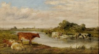 19th century English school Oil on canvas River landscape with cattle watering, unsigned, framed,