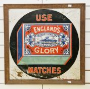 Tin square advertising sign ' Use England's Glory matches ' with an image of a box of matches