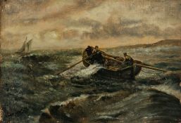 Arthur Bouvier (1837-1921) Oil on panel Fishing boat with figures on choppy seas, signed lower left,