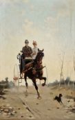 J. Harwey (19th/20th century) Oil on canvas A Morning Ride, with lady and gentleman in a carriage,