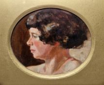 20th century school Oil on board Profile portrait of a woman, unsigned, framed and glazed in oval