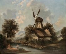 19th century continental school Oil on canvas Continental river scene with windmill and figure,