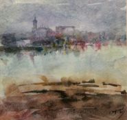 Javier Sagarzazu (Spanish, b.1946) Watercolour View of city with cathedral overlooking a river,