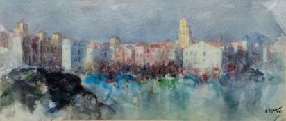 Javier Sagarzazu (Spanish, b.1946) Watercolour Continental town view with church, signed and